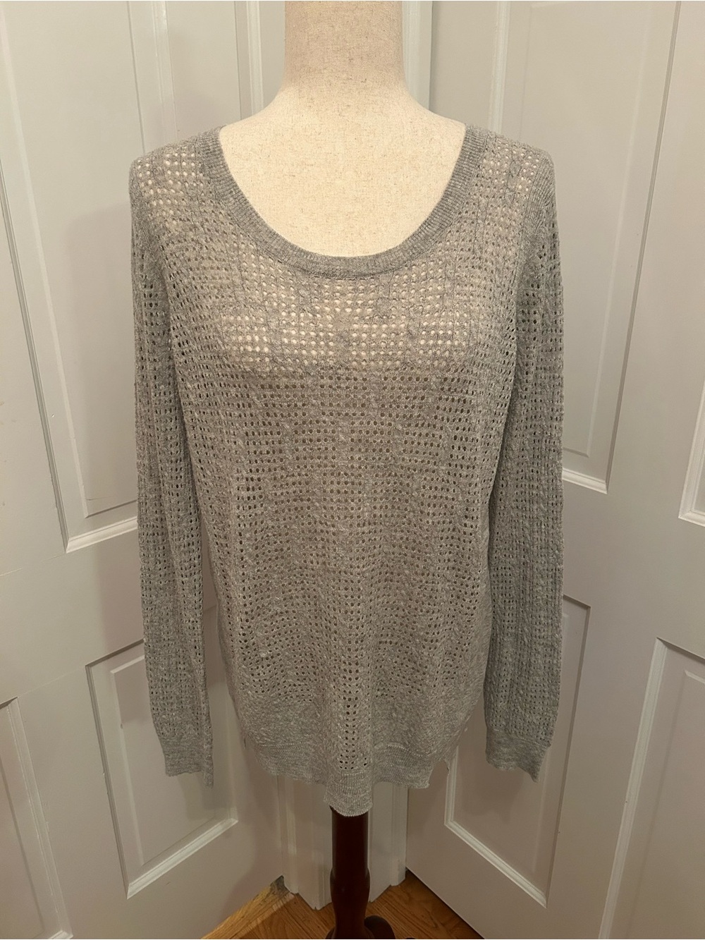 REBECCA TAYLOR Gray Open Knit Pointelle Sweater Sz L Quiet Luxury - Picture 2 of 11